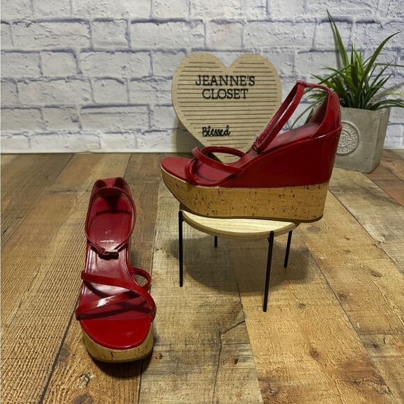 PRADA Wedge Cork Sandals Leather Platform Heels Bliss Rosso Sz 38 EU 8B US Italy - Picture 1 of 12